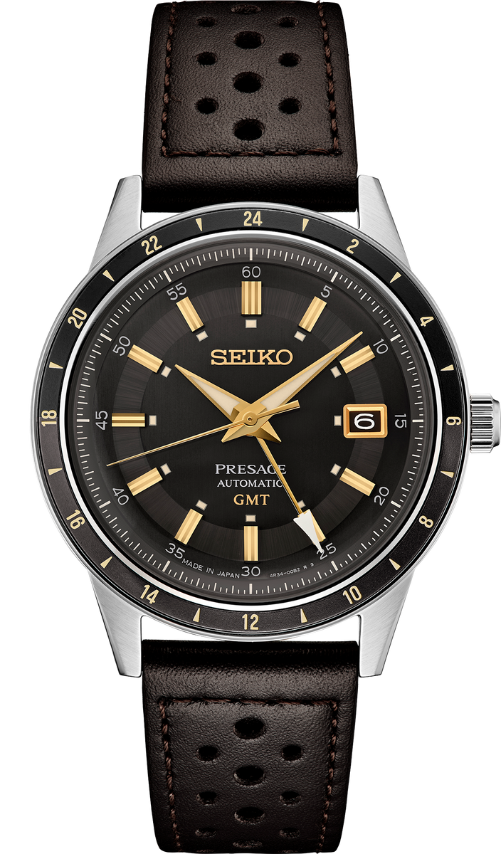 Seiko 5 Sports Automatic GMT Watch with Grey Dial and Gold Accents