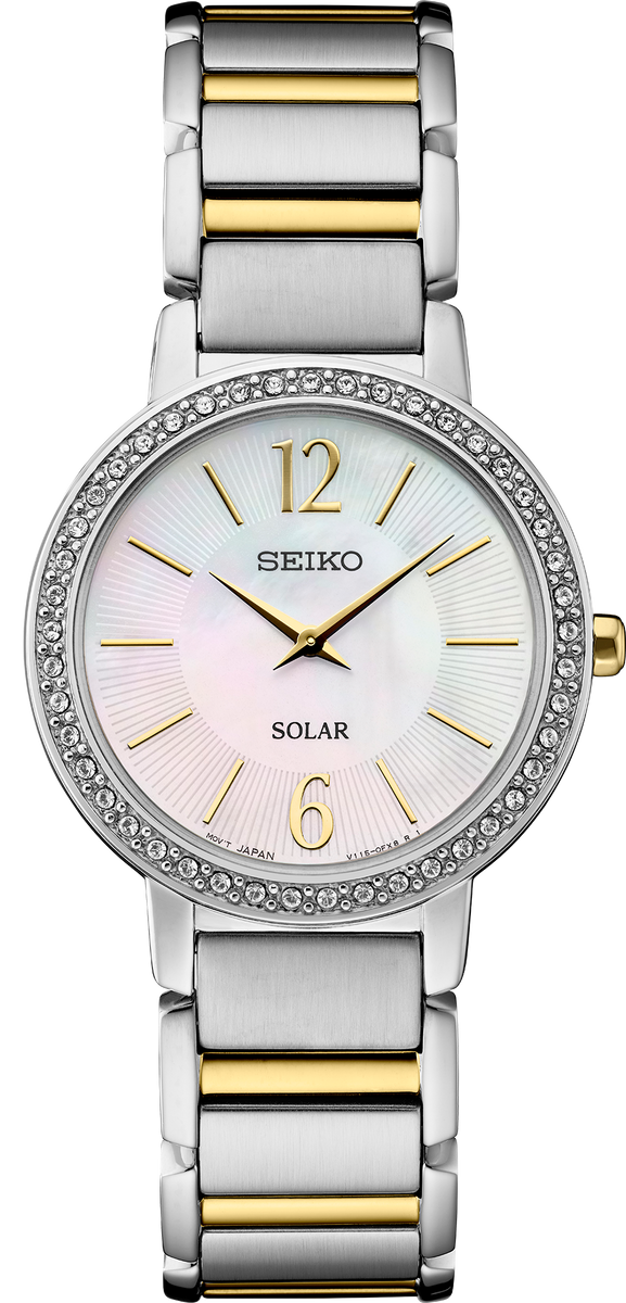 Seiko women's solar watch with mother hotsell of pearl dial and swarovski crystal accents