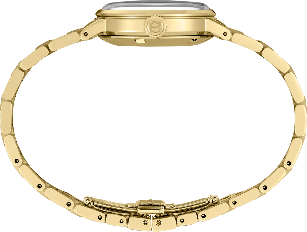 Seiko SRE018 Presage Cocktail Time gold-tone case and five-row stainless steel bracelet, side profile