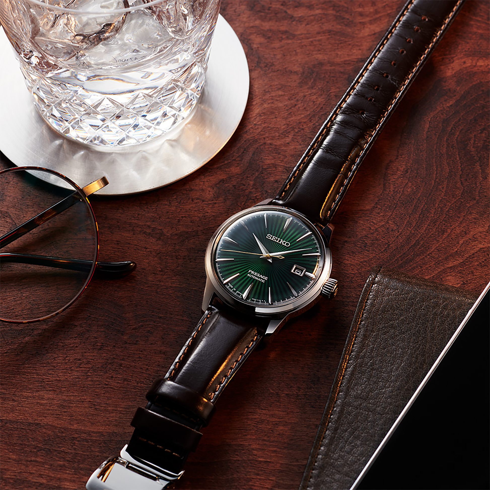 seiko green dial dress Essentials Automatic Watch with Sunray #SRPH89 Long Island Watch The rich green sunburst dial creates depth and visual interest Presage Cocktail Time Seiko