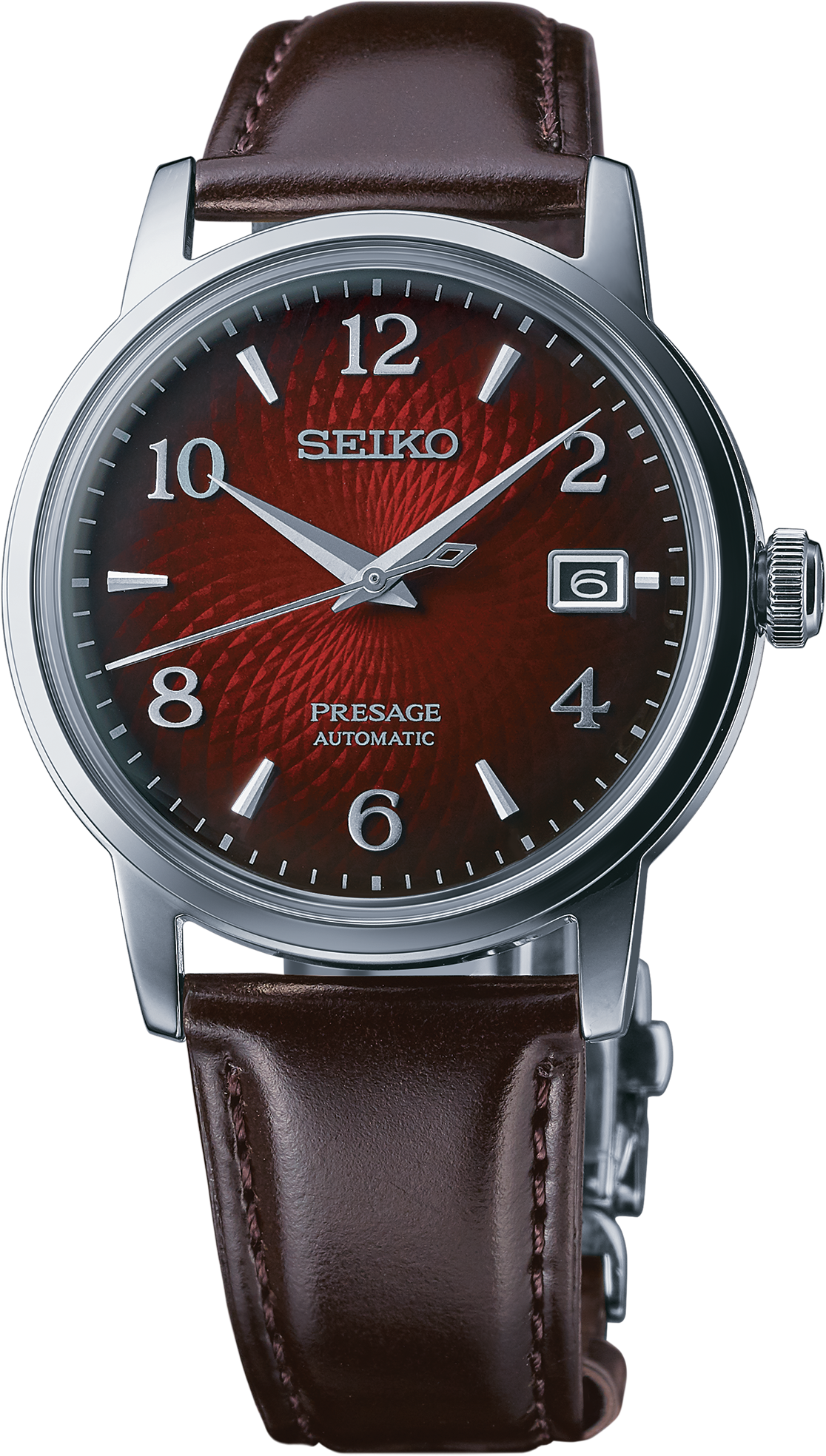 Seiko Presage Cocktail Time SRPE41 Negroni watch with gradated red dial and brown leather strap