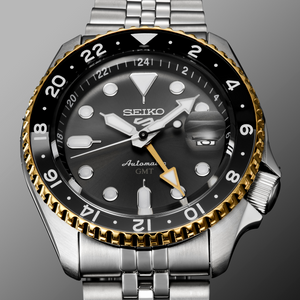 Seiko 5 Sports Automatic GMT Watch with Grey Dial and Gold Accents #SSK021