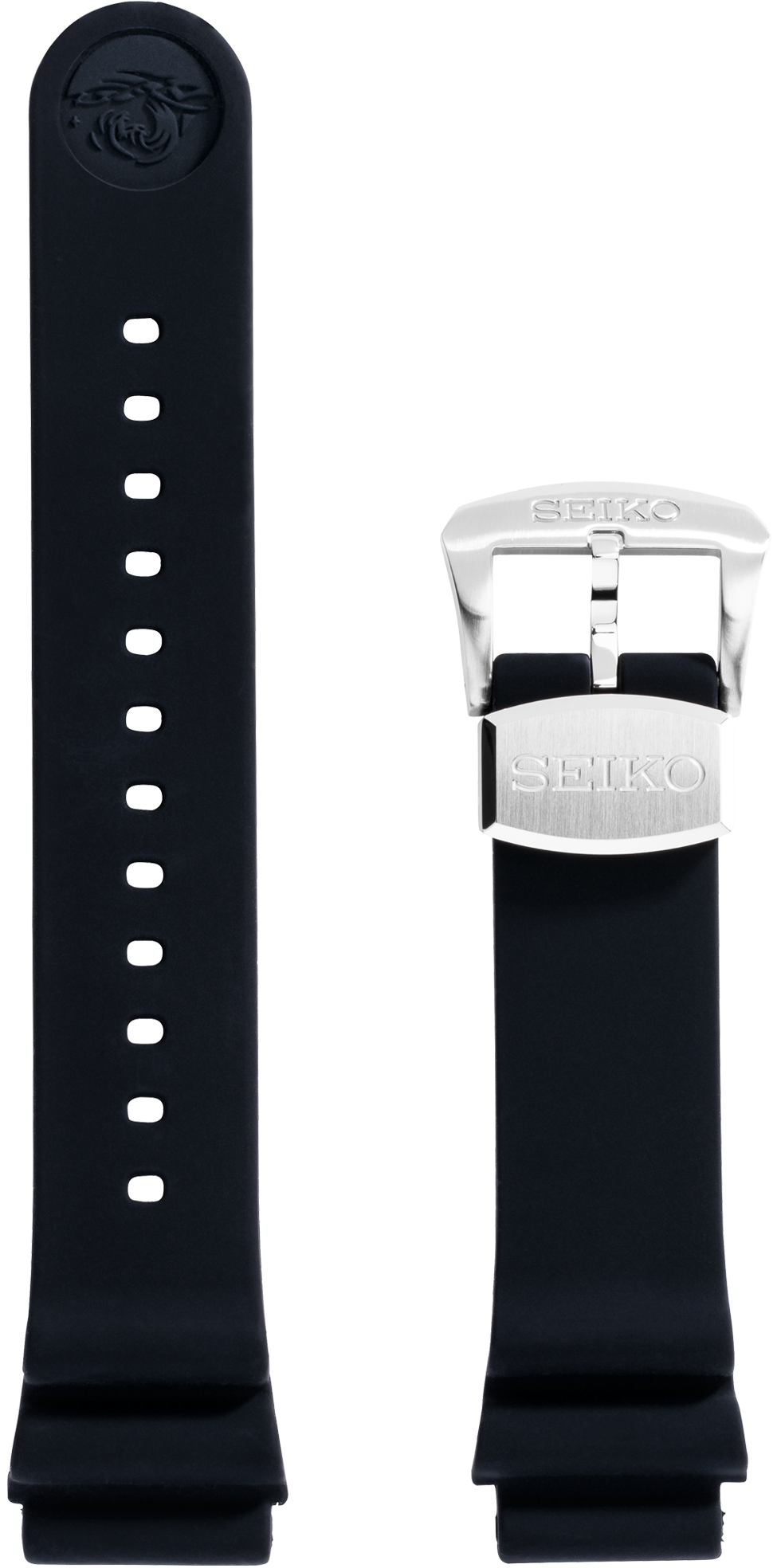 BLACKSTRAP black silicone strap straps; one with 12 holes and one with stainless steel buckle and keeper